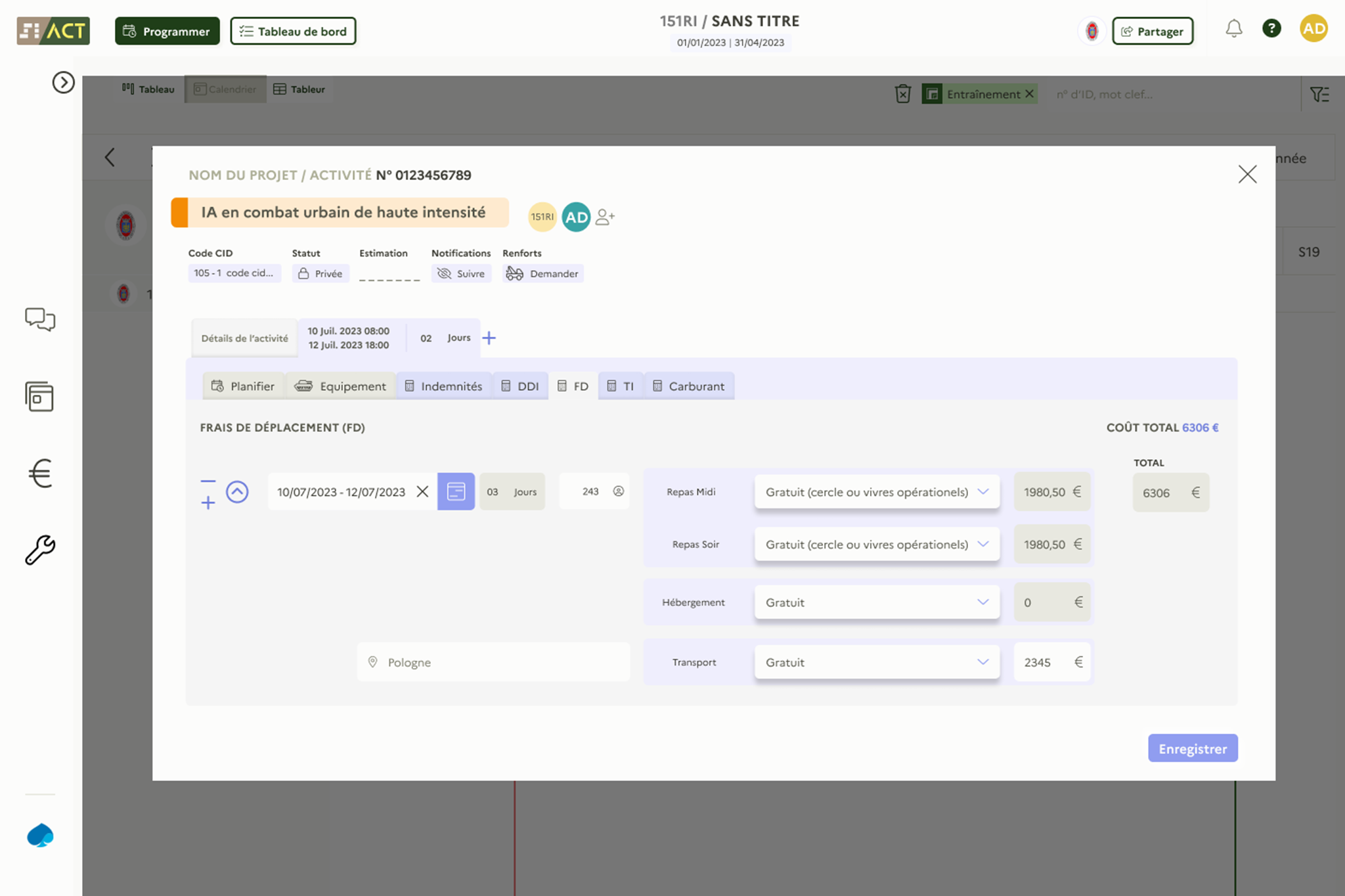 Interface Frais de déplacement Armée de Terre - Vue Desktop